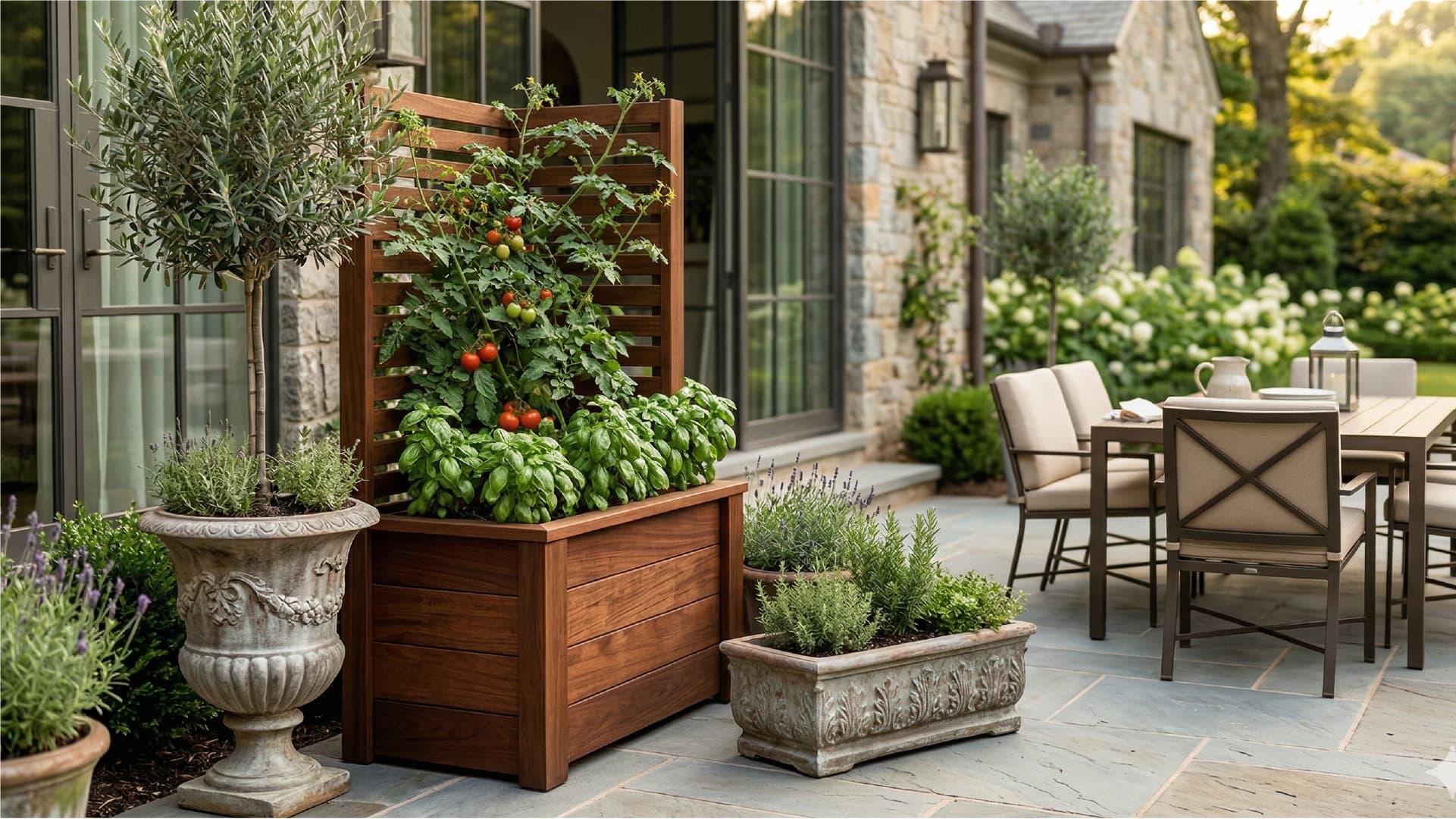 Handcrafted cedar planter in a garden setting